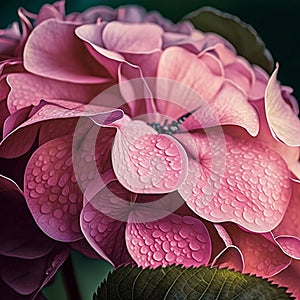 Pink hydrangea flower and green leaves closeup