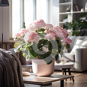 Pink hydrangea flowers in vase on table in living room