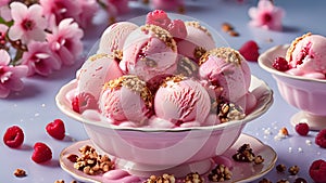 Pink ice cream balls with raspberries and nuts on a bowl.