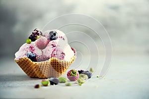 Pink ice cream with berries, strawberries, blueberries, raspberries, pistachios in waffle basket. Summer food concept