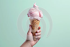 Pink ice cream cone in hand on light blue background with copy space.