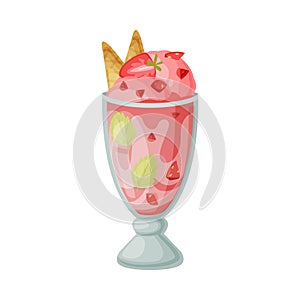 Pink Ice Cream in Glass Bowl with Strawberry as Frozen Dessert and Sweet Snack Vector Illustration