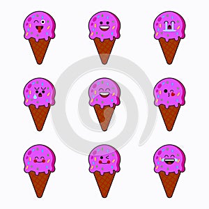 Pink ice cream icon set vector emoticon