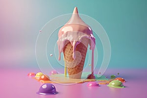 Pink ice cream melting and spilling from the waffle cone on colorful background.