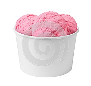 Pink ice cream in paper cup with flavor strawberry or raspberry or cherry isolated on white