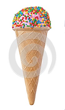 Pink ice cream with sprinkles in a waffle cone