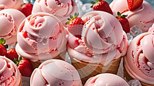 Pink ice cream with strawberries. Summer food, dessert with berries concept.