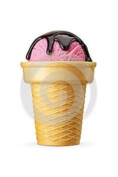 Pink ice cream in a sugar waffle cone with with chocolate syrup topping isolated on white