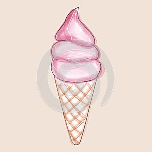 Pink ice cream in waffle cone