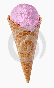 Pink ice cream in a waffle cone