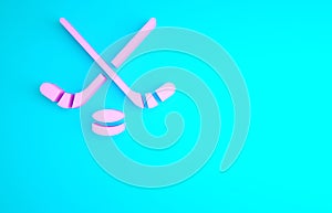 Pink Ice hockey sticks and puck icon isolated on blue background. Game start. Minimalism concept. 3d illustration 3D