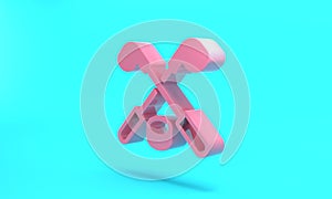 Pink Ice hockey sticks and puck icon isolated on turquoise blue background. Game start. Minimalism concept. 3D render