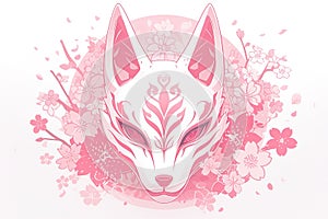 pink illustration of japanese fox kitsune mask in sakura cherry flowers on white background