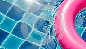 Pink inflatable detail, floats in swimming pool water, sunny day. Summer, relaxation, vacation concept.