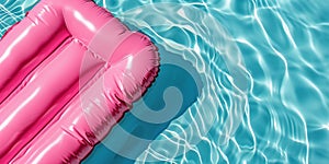 Pink inflatable pool float in blue water - summer relaxation concept.