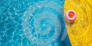 A pink inflatable ring is floating in a pool. Summer resort concept