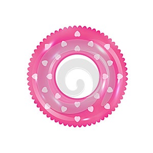 Pink inflatable ring vector. 3d realistic swimming toy in front view isolated on write background. Rubber rink with hearts on