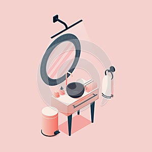 Pink isometric sink bowl, mirror, wash table. Bathroom scene with nobody