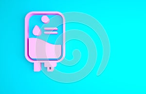 Pink IV bag icon isolated on blue background. Blood bag. Donate blood concept. The concept of treatment and therapy