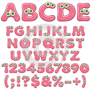 Pink jelly alphabet, letters, numbers and characters with green eyes. Isolated colored vector objects.
