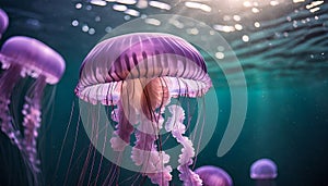 Pink jellyfish floats in dark sea water. Mauve Stinger, Pelagia noctiluca. Underwater life