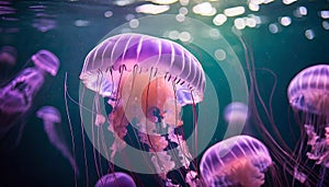 Pink jellyfish floats in dark sea water. Mauve Stinger, Pelagia noctiluca. Underwater life