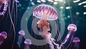 Pink jellyfish floats in dark sea water. Mauve Stinger, Pelagia noctiluca. Underwater life