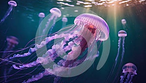 Pink jellyfish floats in dark sea water. Mauve Stinger, Pelagia noctiluca. Underwater life