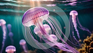 Pink jellyfish floats in dark sea water. Mauve Stinger, Pelagia noctiluca. Underwater life