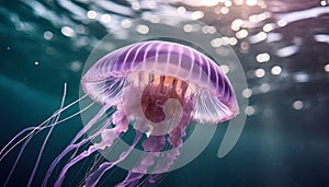 Pink jellyfish floats in dark sea water. Mauve Stinger, Pelagia noctiluca. Underwater life