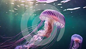 Pink jellyfish floats in dark sea water. Mauve Stinger, Pelagia noctiluca. Underwater life