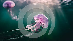 Pink jellyfish floats in dark sea water. Mauve Stinger, Pelagia noctiluca. Underwater life