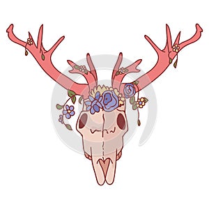 Pink kawaii cartoon deer skull animal illustration. Cute girly doe with flower antler. Childish hand drawn doodle style