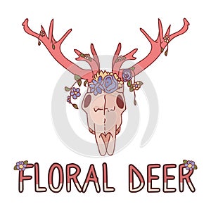 Pink kawaii cartoon deer skull animal illustration. Cute girly floral deer text. Childish hand drawn doodle style. For