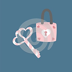 Pink key and lock with hearts on blue background.