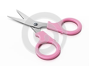 Pink kids` scissors isolated on white background. 3D illustration