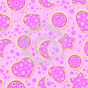 Pink kids seamless pattern with hearts, stars, moons, circles