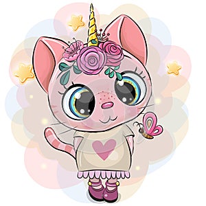 Pink Kitten Unicorn ia a dress with flowers photo