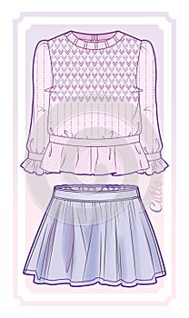 Pink knitted blouse and flared skirt