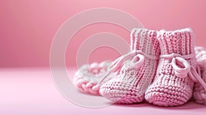 Pink knitted booties baby. Selective focus.