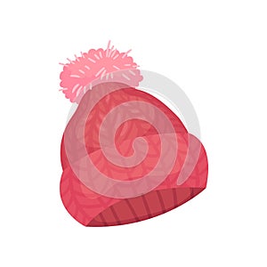 Pink knitted hat. Vector illustration on white background.