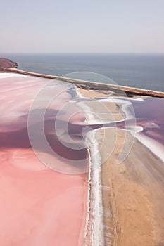 Pink Koyashskoye salt lake aerial panoramic view
