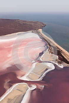 Pink Koyashskoye salt lake aerial panoramic view