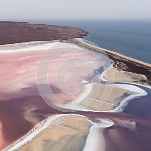 Pink Koyashskoye salt lake aerial panoramic view