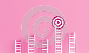 Pink Ladder achievement on pink wall studio background. aspirations, incentive, progress businesswoman concept