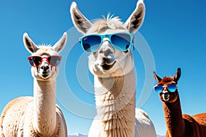 Pink lama in sunglasses, cartoon flat isolated on white background.