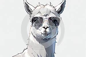 Pink lama in sunglasses, cartoon flat isolated on white background.