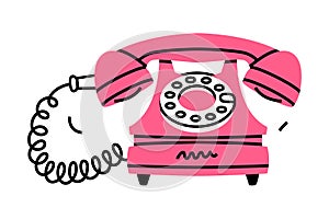 Pink Landline or Wireline Home Phone as Telephone Connection Vector Illustration