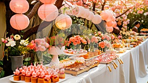 Pink lanterns decorate an outdoor celebration with desserts.