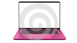 Pink laptop with blank screen isolated on white background. Whole in focus. High detailed. photo